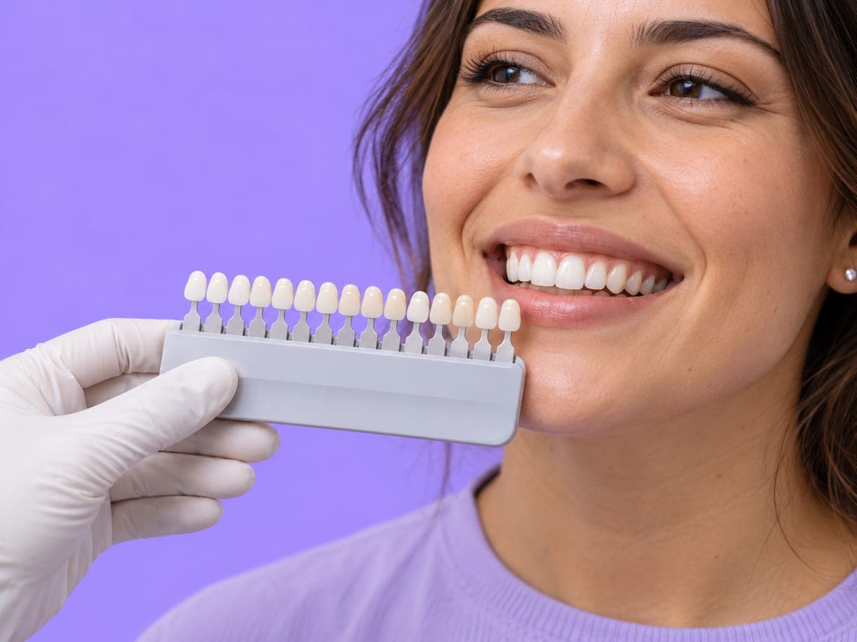 Guía de tonos para carillas junto a la sonrisa de una paciente