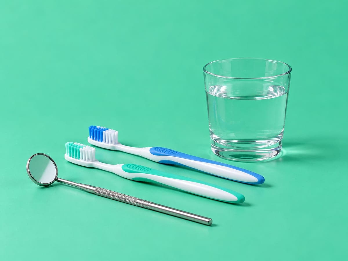 Cepillos de dientes, espejo dental y un vaso de agua
